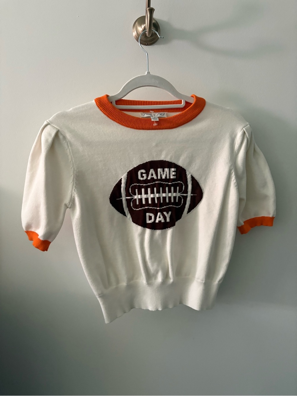 She + Sky Cream Knit 'Game Day' Football Top with Orange Trim